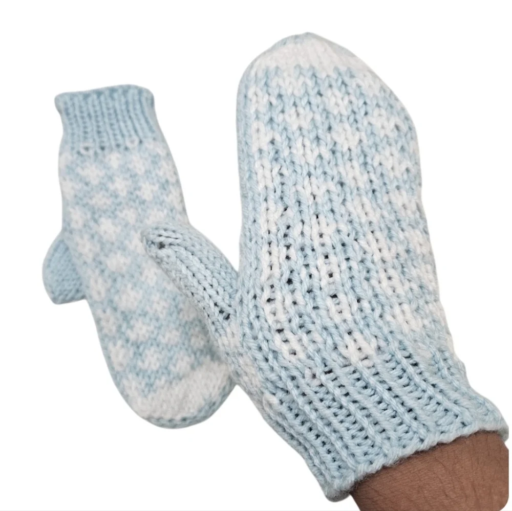 Hand Crafted Crochet Mittens Heart Design Ribbed Trim One-of-a-Kind Blue White